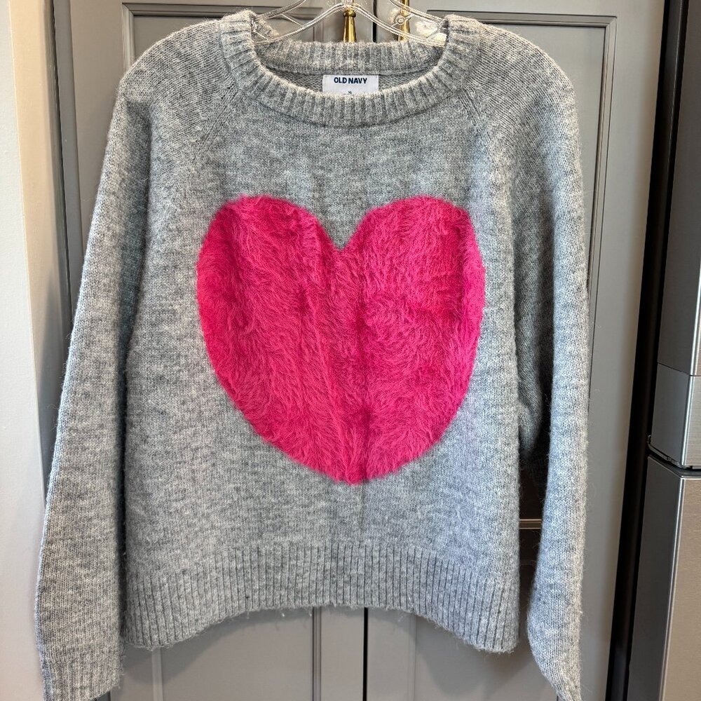 Old Navy Grey Valentine's Fuzzy Pink Heart Sweater, Woman's size XL